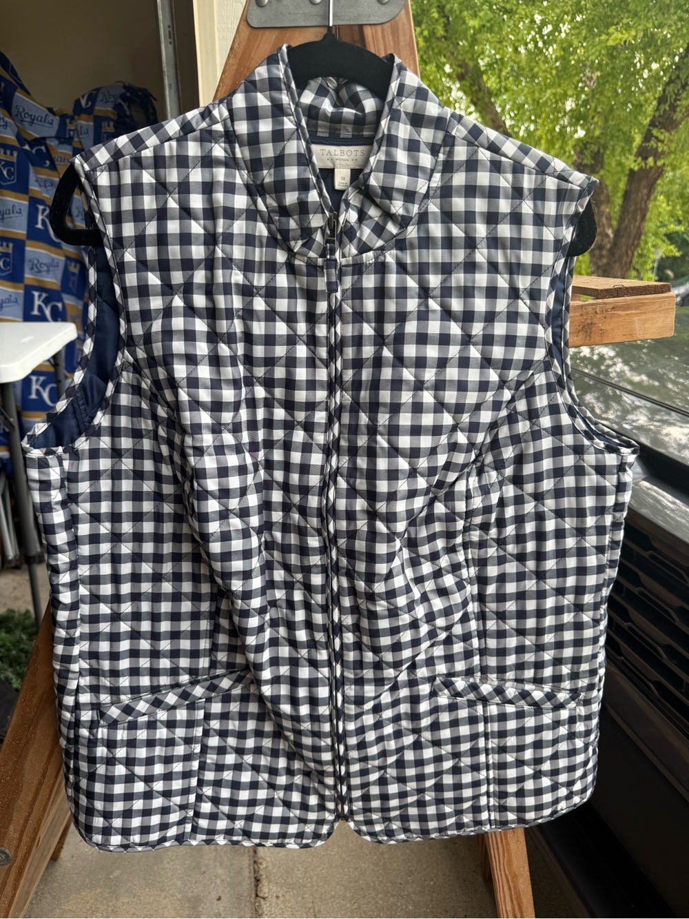 Talbots Navy and White Gingham Quilted Vest